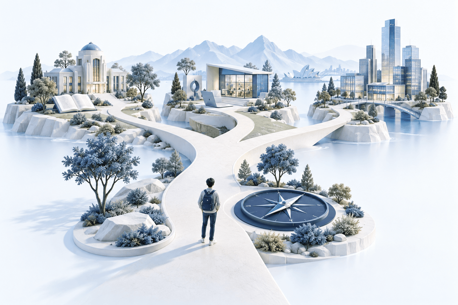 A student at a branching path leading to university, technology and future career opportunities.